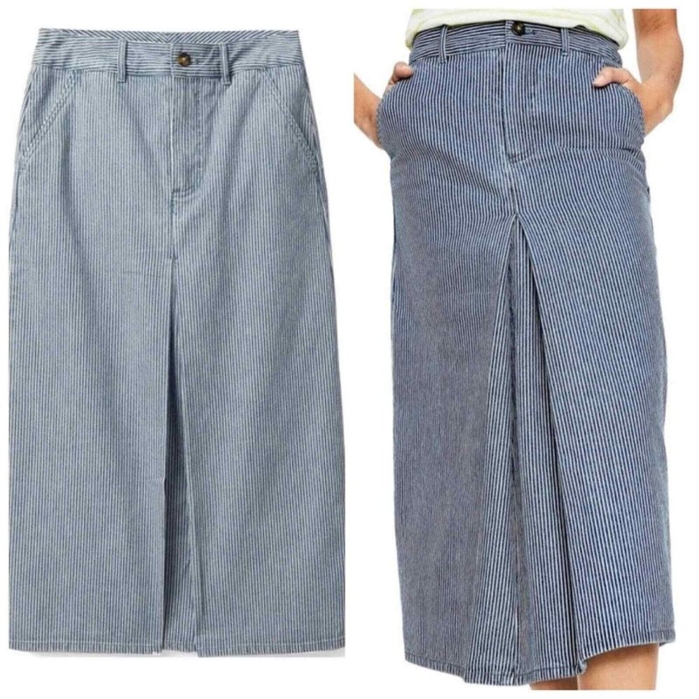 Boden Womens 12R Skirt Mira Denim Striped Midi Length Pockets Box Pleats